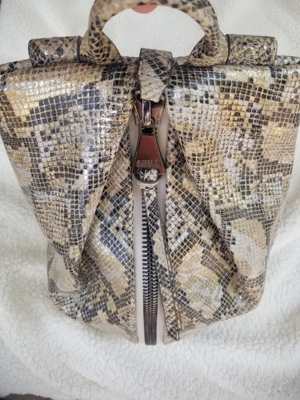AIMEE KESTENBERG Snake-Print Tote in Beige, Black and Gold Tones